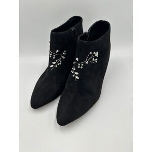 Nanette Lepore Nadine Black Rhinestone Floral Suede Kitten Heel Booties Size 9M
